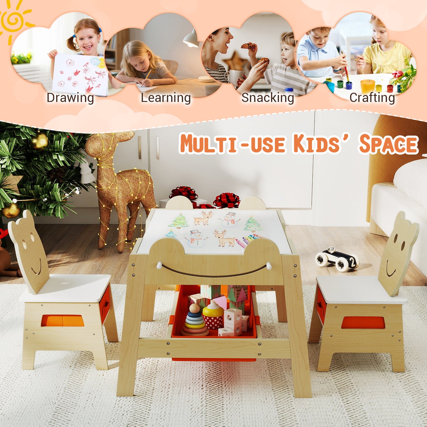 5-in-1 Toddler Table and 2 Chairs Cute Art Desk Set with Reversible Chalkboard Whiteboard, Natural Kids Table & Chair Sets at Gallery Canada