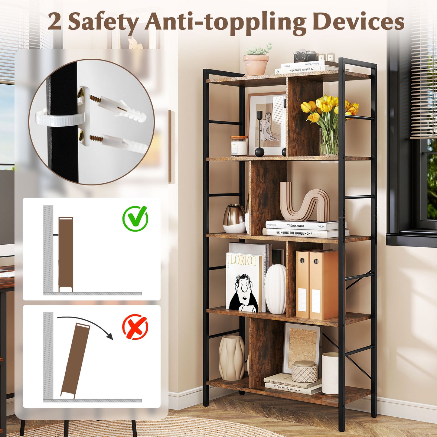 5-tier Bookcase 61 Inch Tall Industrial Bookshelf with Metal Frame Bookcases at Gallery Canada