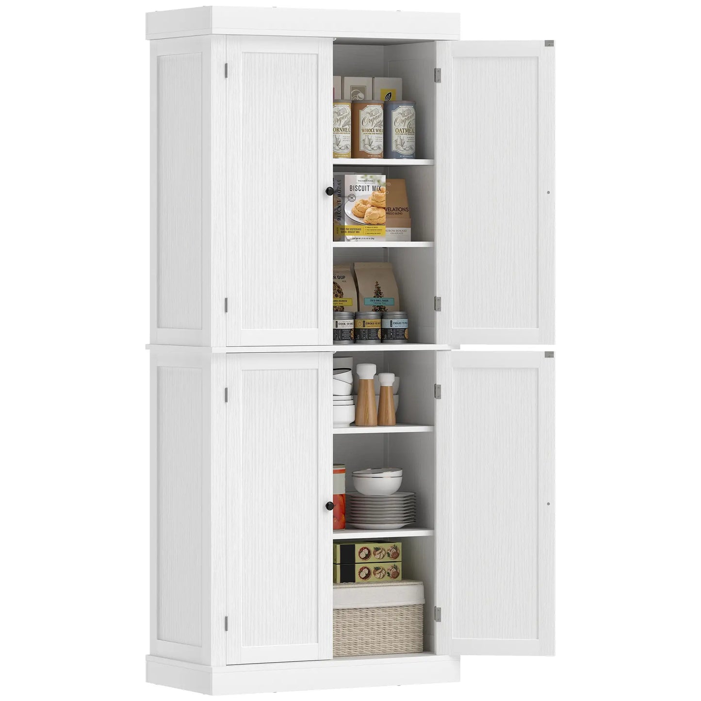 72.5" Freestanding Kitchen Pantry Cabinet, 4 Doors, White Kitchen Pantry Cabinets at Gallery Canada