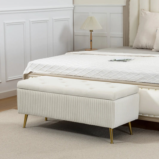 43 Pouces Banc Ottoman de Rangement, Pieds en Acier, Siège Rembourré, Beige