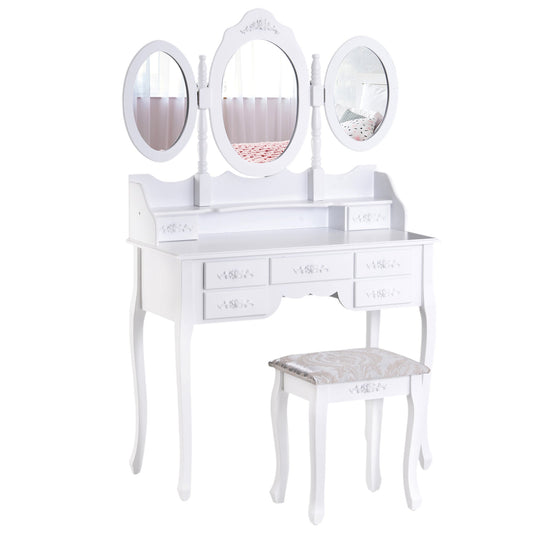 Makeup Dressing Table Vanity Set with Tri-Folding Mirror, 7 Drawers, Cushioned Stool - Gallery Canada