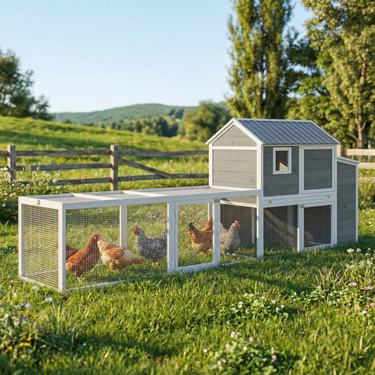 Large Chicken Coop, 134"L Wooden House With Run, Nesting Box, Slide-Out Tray Chicken Coops Grey, White, Black at Gallery Canada