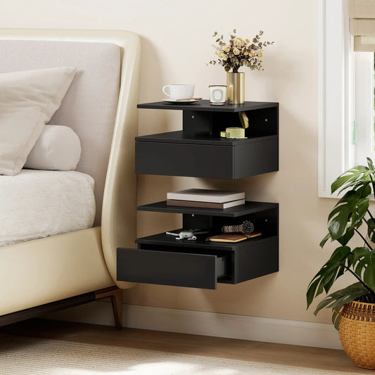 Floating Nightstand Set of 2, Wall Mounted with Drawer and Shelf, Black Bedside Tables Black at Gallery Canada
