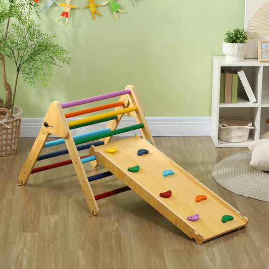 Pikler Triangle Set, 3 in 1 Climbing Toys with Ramp for Toddlers, Nature Wood Baby Gym & Playmats Multicolour at Gallery Canada