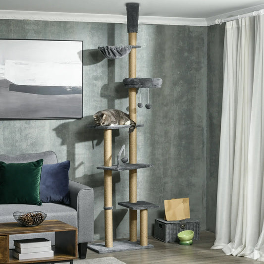 90.5" - 98.5" Cat Tree Tower, Scratching Post, Platforms, Bed, Hammock, Grey