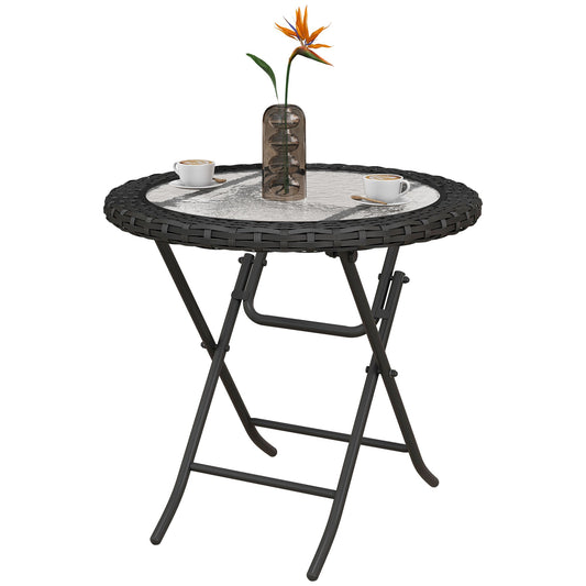 Folding Round Tempered Glass Metal Table with Edging, Black - Gallery Canada
