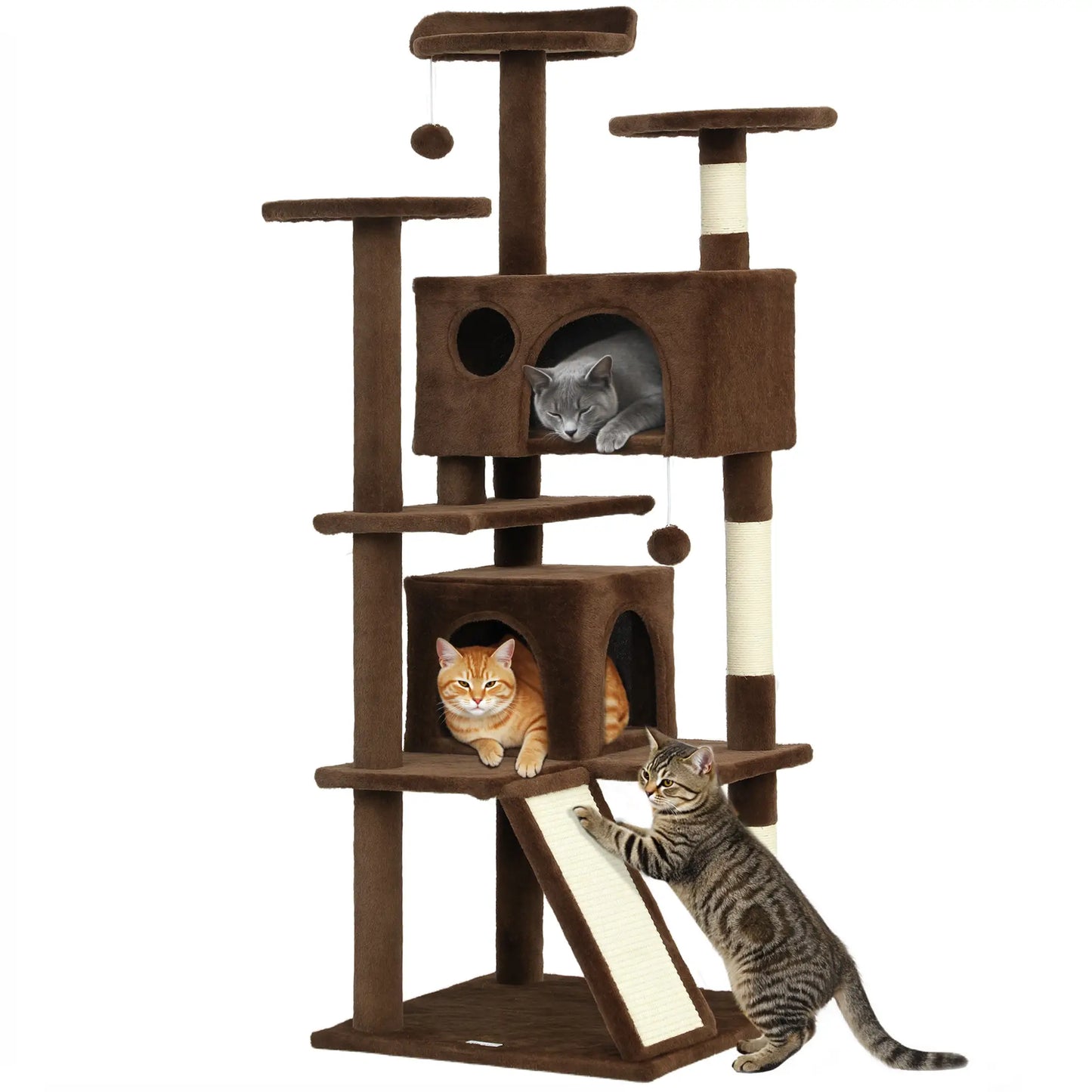 54" Cat Tree, Multi-Level Tower With Scratching Posts, Light Brown