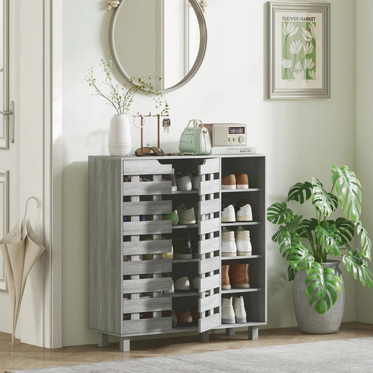 21 Pair Shoe Cabinet, 5-Tier Double Door, Light Grey Shoe Storage Cabinets & Racks Distressed Light Grey at Gallery Canada