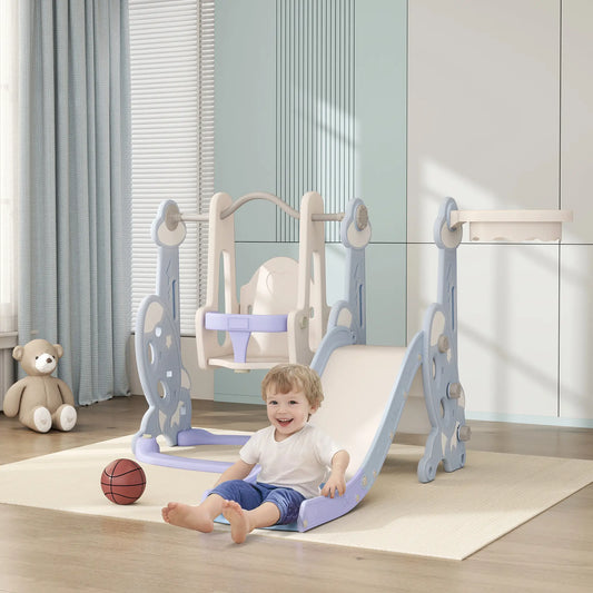 4-in-1 Slide Swing Set, Basketball Hoop, Climber, Ages 1.5-4, Rocket Themed, Light Blue Gym Sets & Swings Light Blue at Gallery Canada