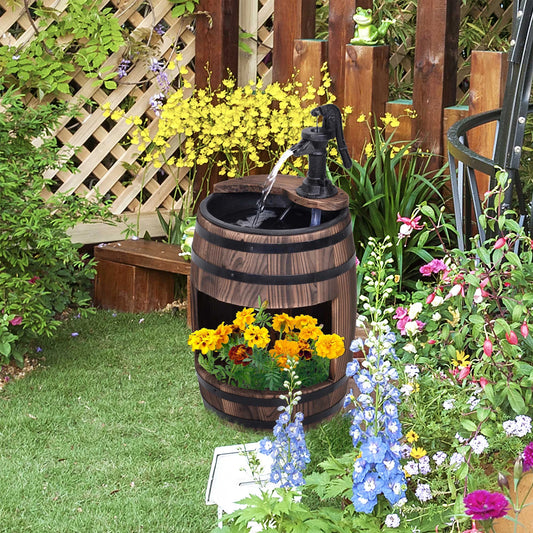 Wooden Outdoor Fountain, Electrical Barrel Waterfall, 3600r/min Pump, Carbonized Water Fountains Carbonized at Gallery Canada