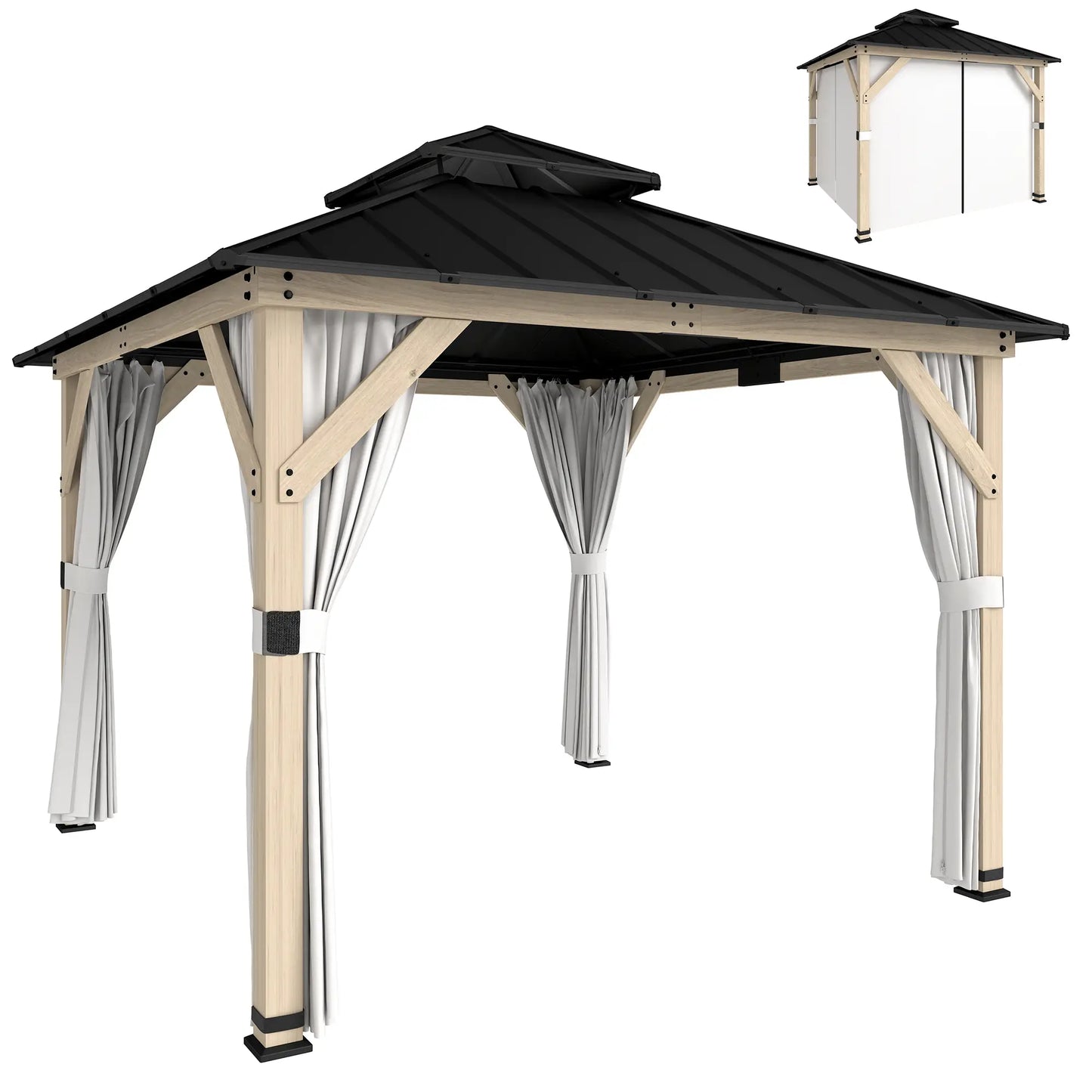 10' x 10' Hardtop Gazebo, Steel Roof, Wood Patio, Light Grey Gazebos at Gallery Canada
