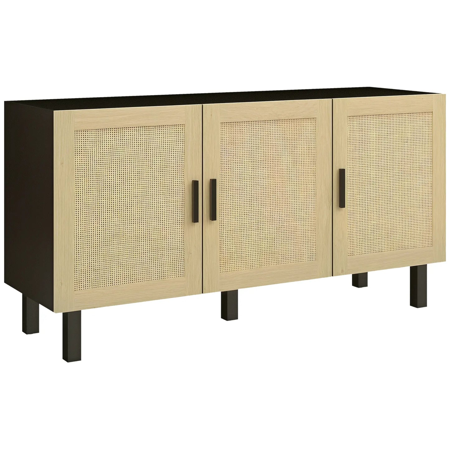 Boho Sideboard, 3 Rattan Doors, Adjustable Shelves, Natural, Black Storage Cabinets at Gallery Canada