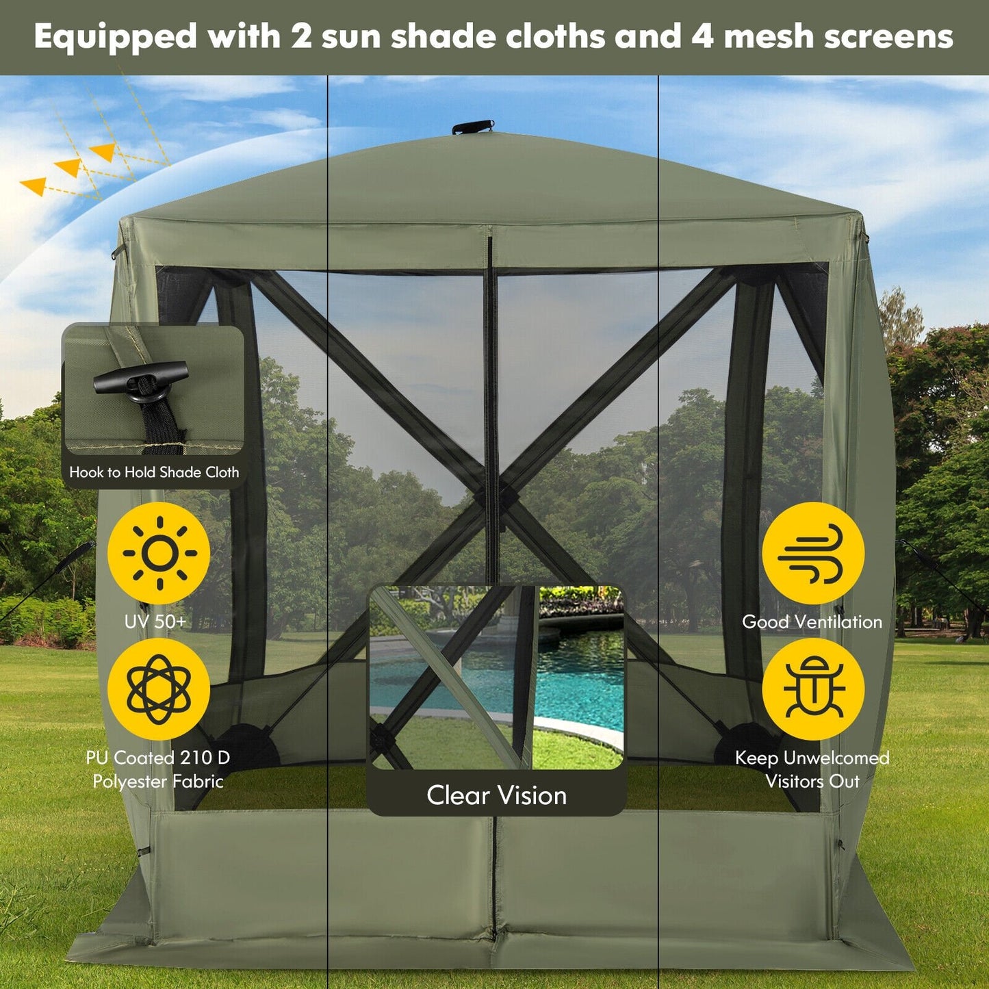6.7 x 6.7 Feet Pop Up Gazebo with Netting and Carry Bag, Green at Gallery Canada