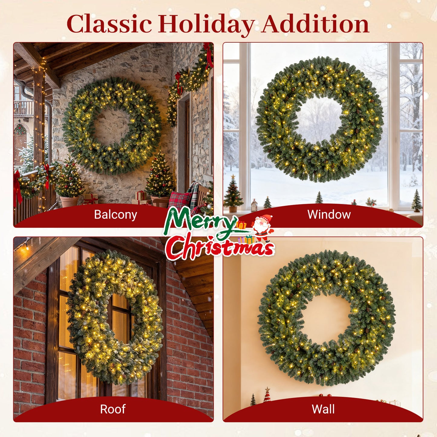 60 Inch Pre-Lit Artificial Christmas Wreath 200 LED Warm White Lights-Set of 2 Christmas Decor & Accessories at Gallery Canada