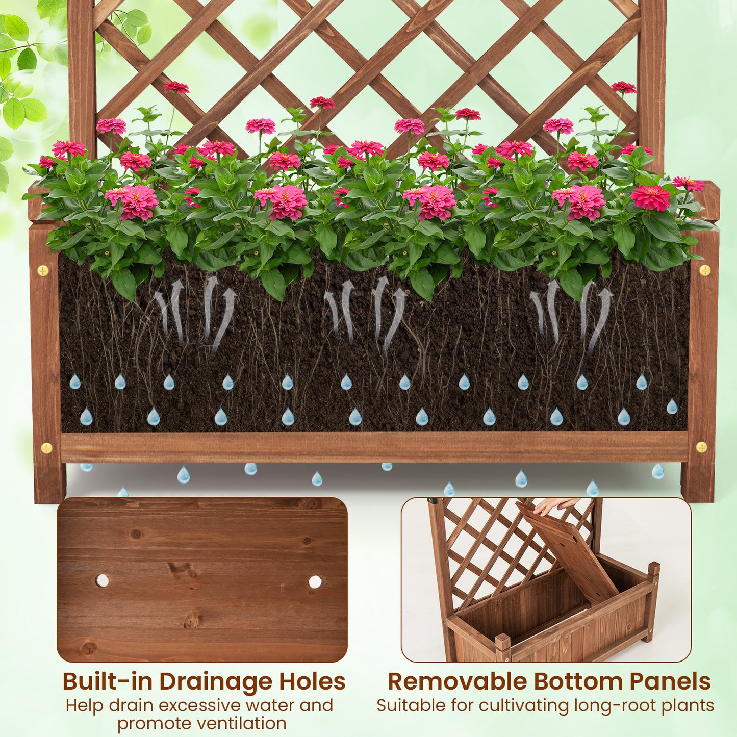 60 Inch Tall Raised Garden Bed, Diamond Lattice Trellis, Drainage Holes, Brown Raised Garden Beds at Gallery Canada