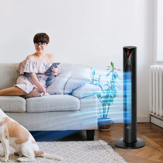 Freestanding Tower Fan, 3 Speed, 12h Timer, Oscillating, LED Panel, Remote, Black Tower Fans Black at Gallery Canada