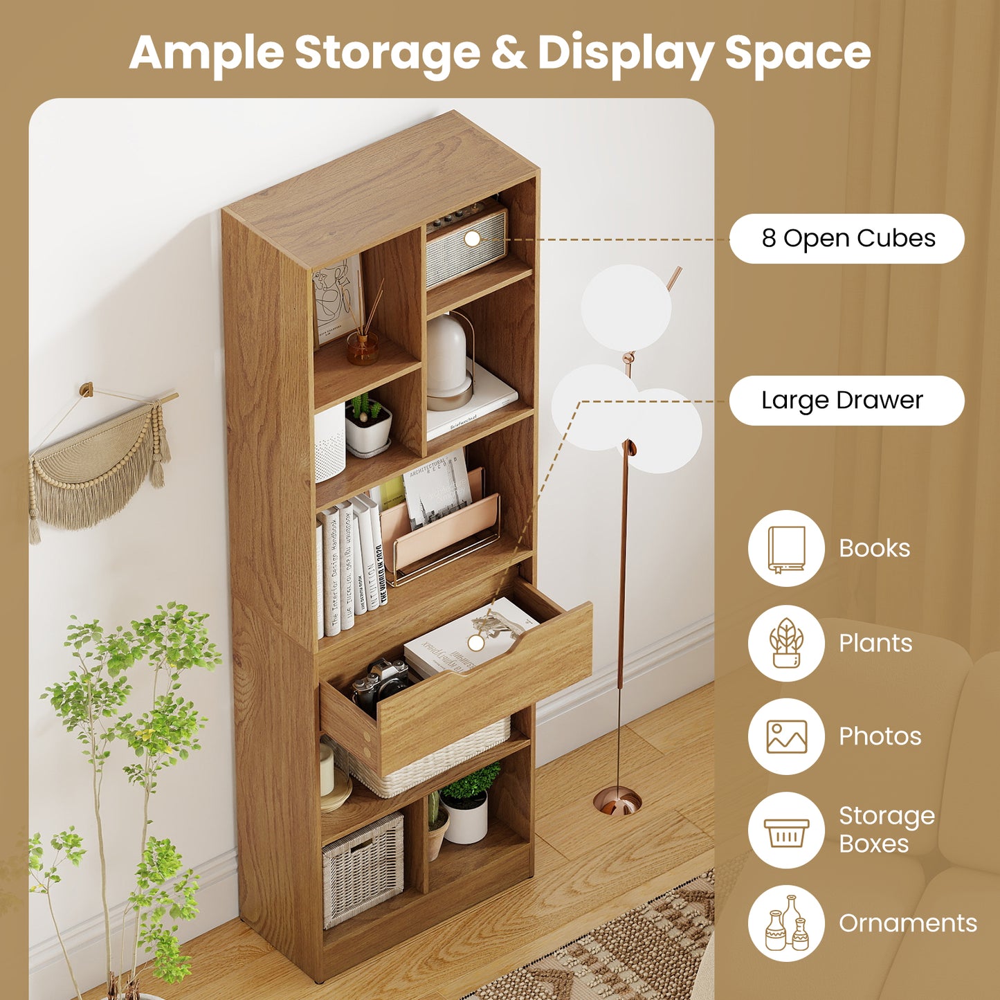 61inch Tall Freestanding Bookcase with Drawer 8-Cube Storage Organizer, Natural Bookcases at Gallery Canada