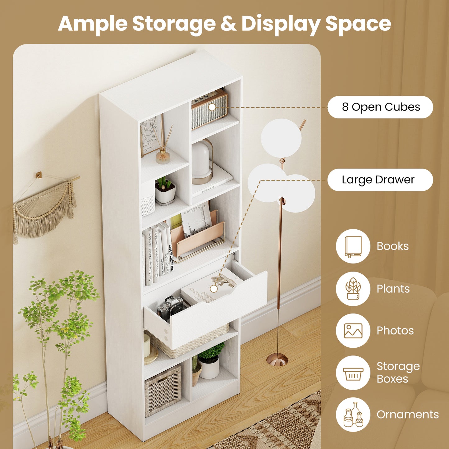 61inch Tall Freestanding Bookcase with Drawer 8-Cube Storage Organizer, White Bookcases at Gallery Canada