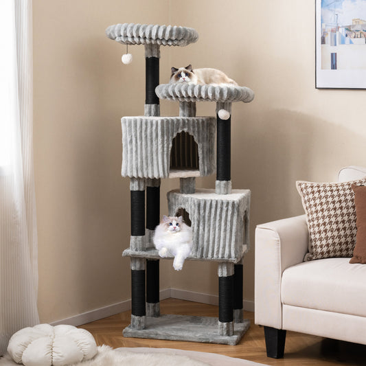 62 Inch Tall Cat Tower with Scratching Posts and Soft Flannel Covering-LG, Light Gray