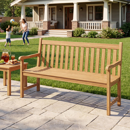 62 Inch Teak Outdoor Porch Bench, 3-Seat Solid Wood Garden Patio Bench Outdoor Benches Natural at Gallery Canada