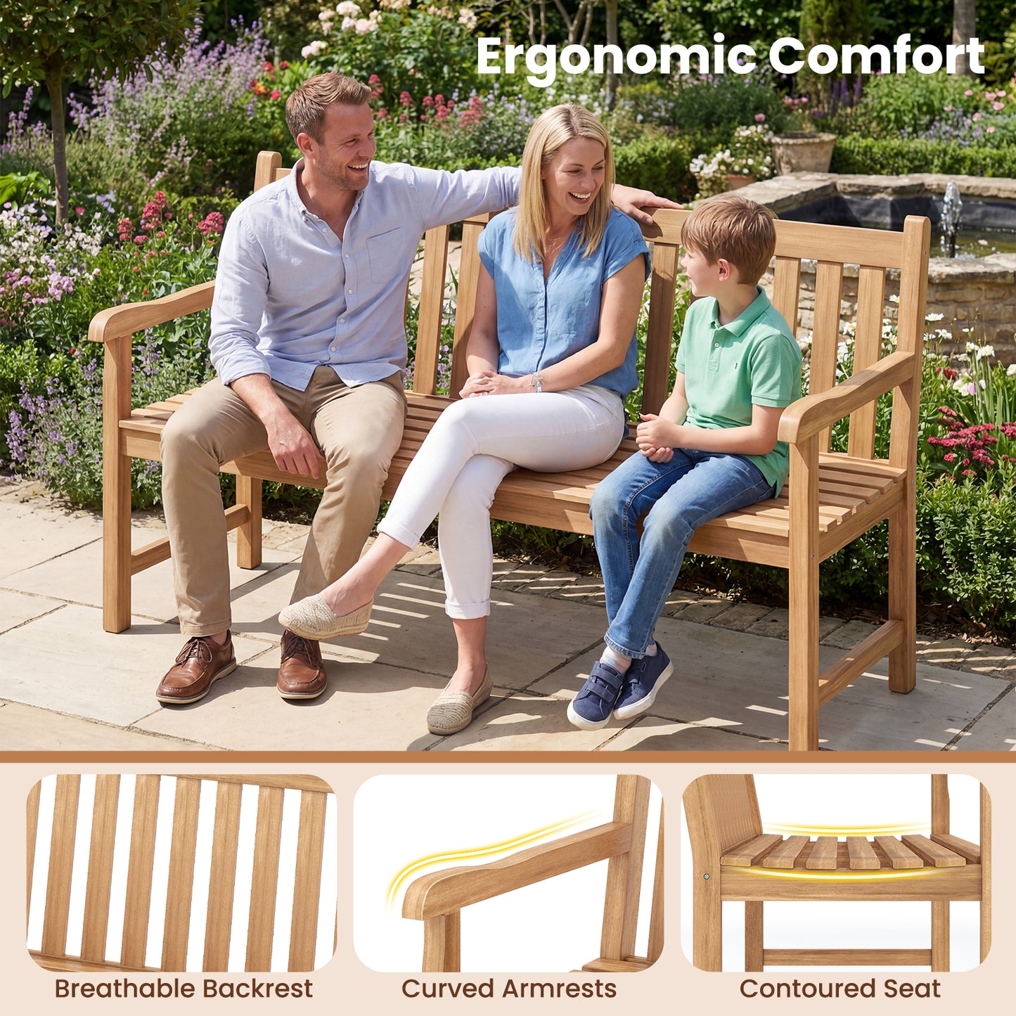 62 Inch Teak Outdoor Porch Bench, 3-Seat Solid Wood Garden Patio Bench Outdoor Benches at Gallery Canada