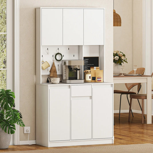71 Inch Pantry Cabinet with Charging Station, Microwave Stand, Pegboard, White Kitchen Pantry Cabinets White at Gallery Canada