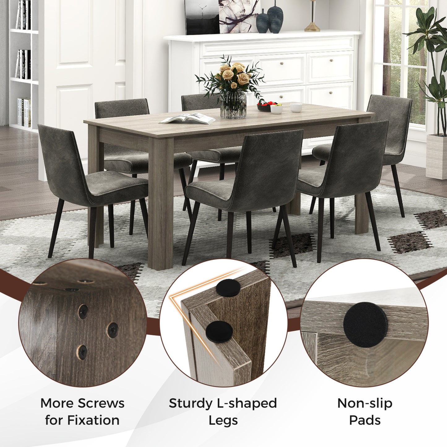 63 Inch Rectangular Modern Dining Kitchen Table, Light Gray