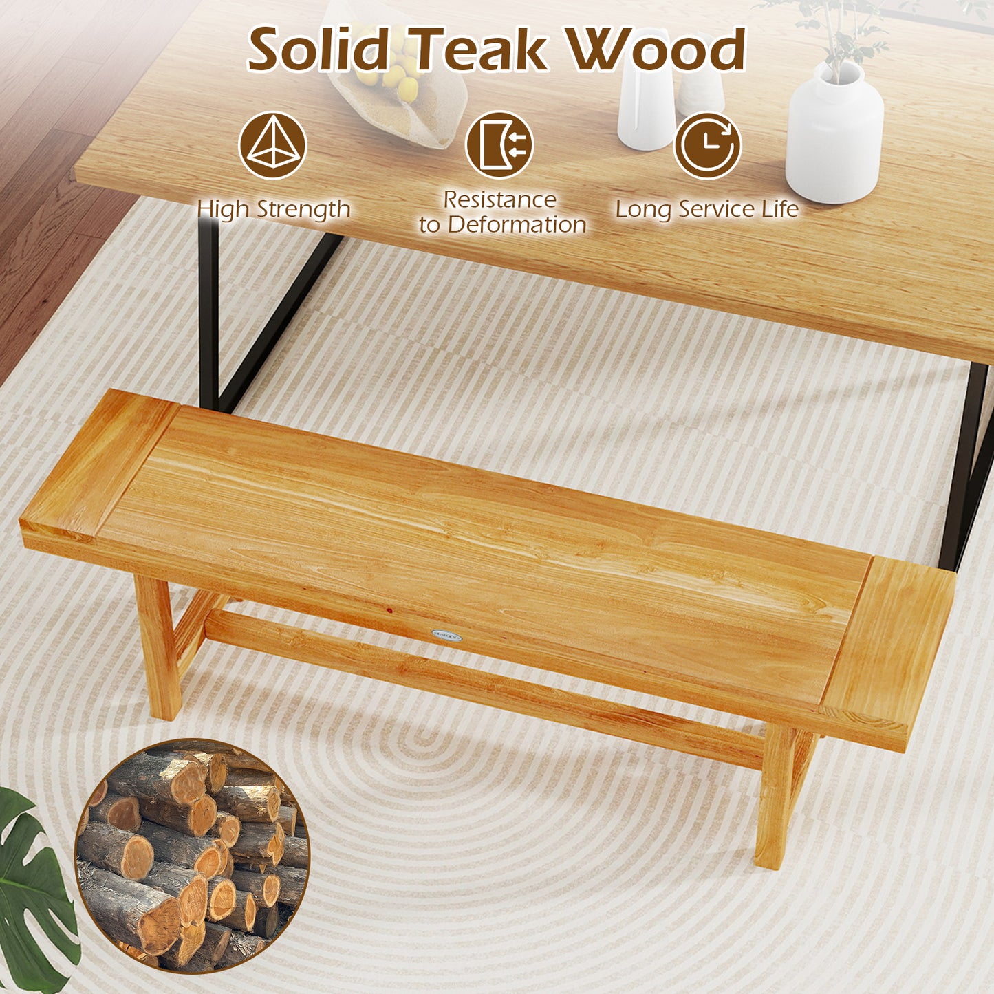 63 Inch Solid Wood Bench, Seats 3 People, Natural Outdoor Benches at Gallery Canada