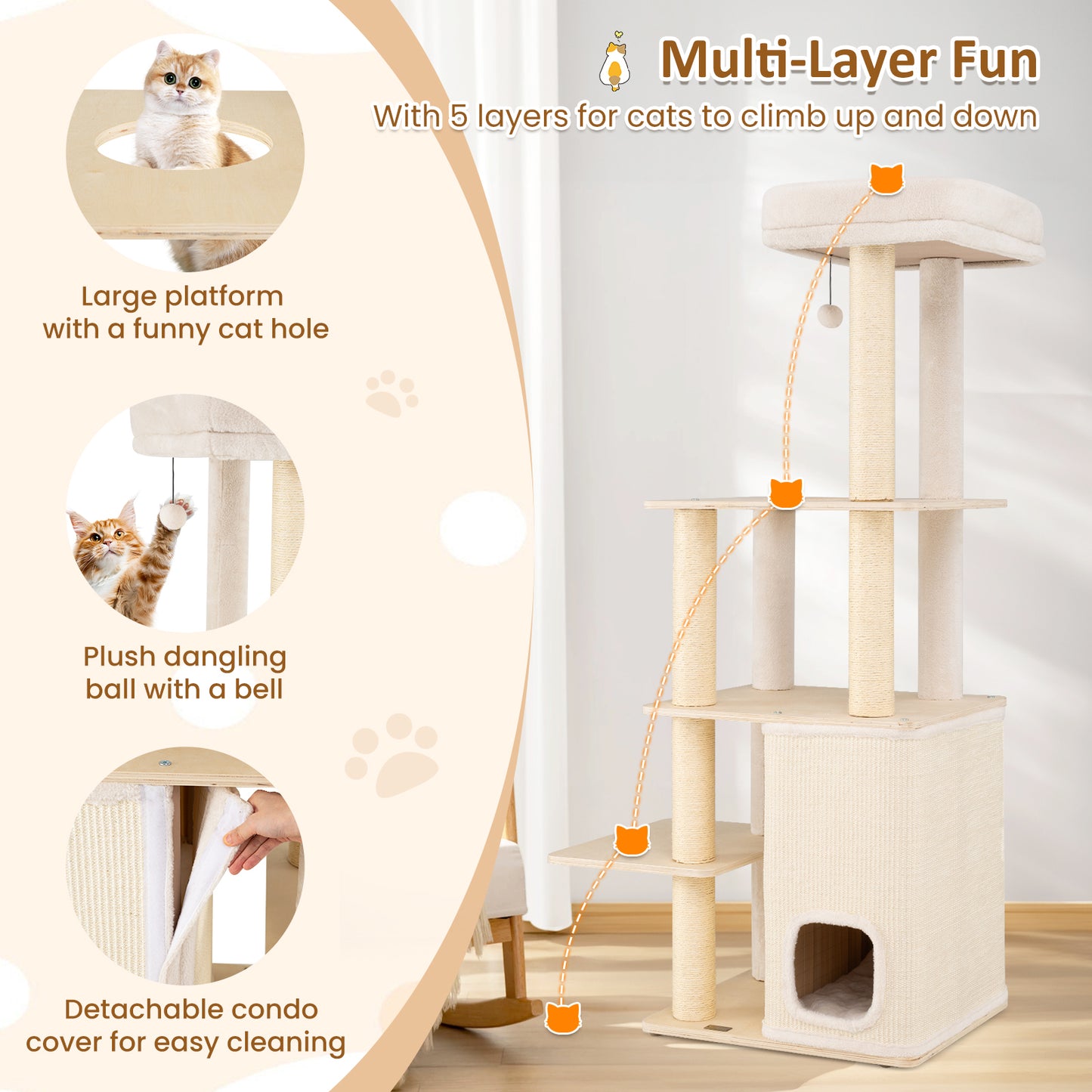 63 Inch Tall Wooden Cat Tree with 2-Story Condo and Plush Padded Top Perch-NA, Natural Cat Trees Condos & Scratchers at Gallery Canada