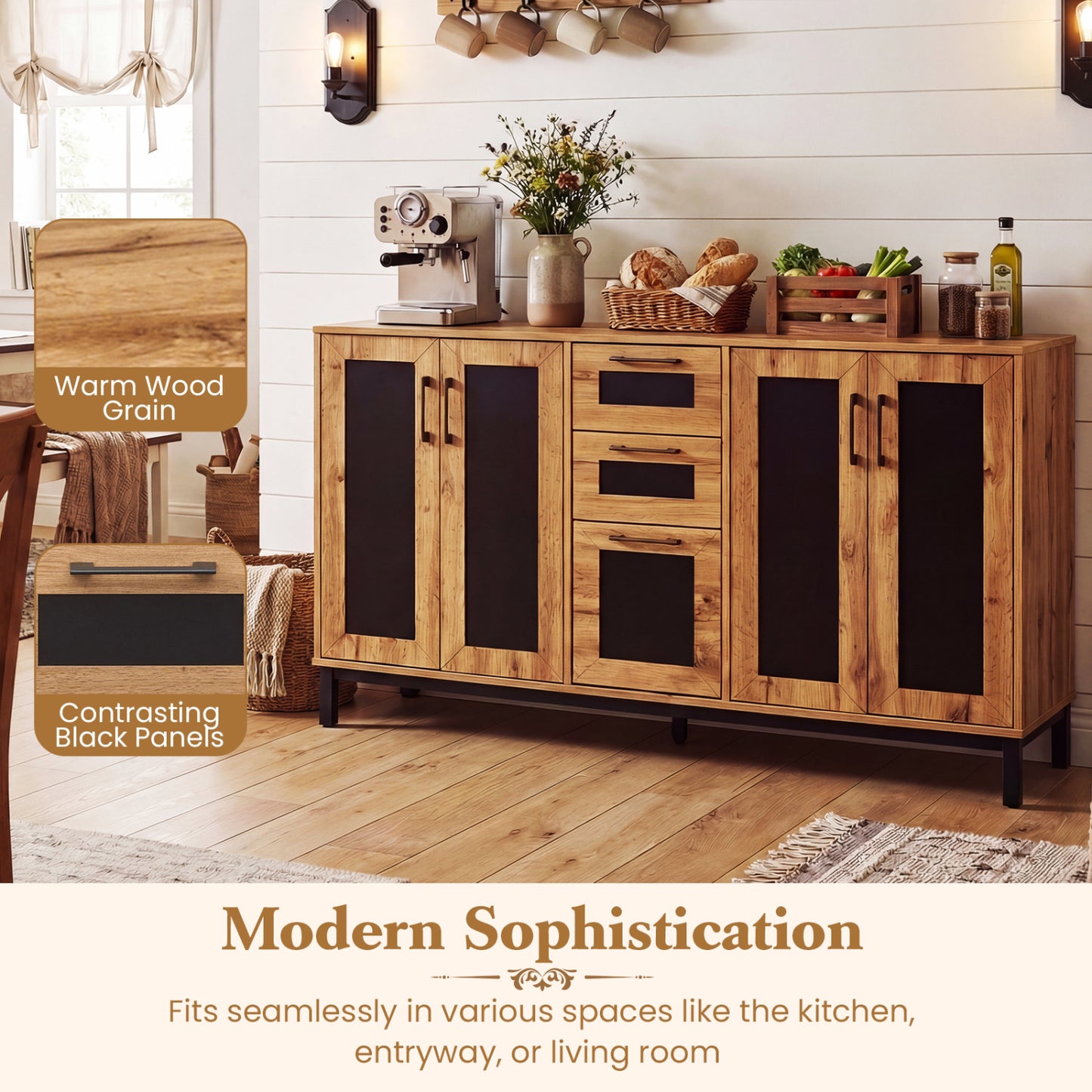 63" Sideboard Buffet Cabinet, 3 Drawers, Storage Shelves, Natural Sideboards Cabinets & Buffets at Gallery Canada