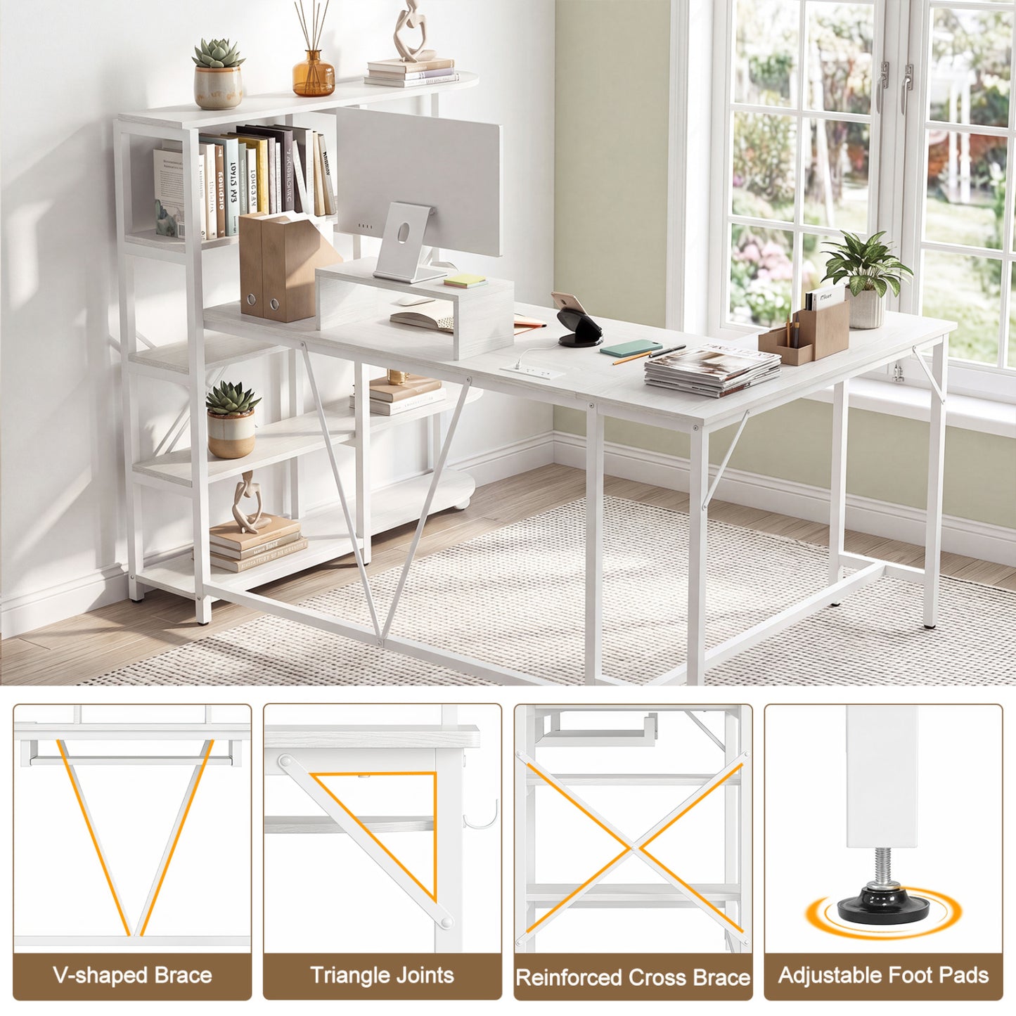 Bureau d'ordinateur en forme de U avec prises de courant, blanc