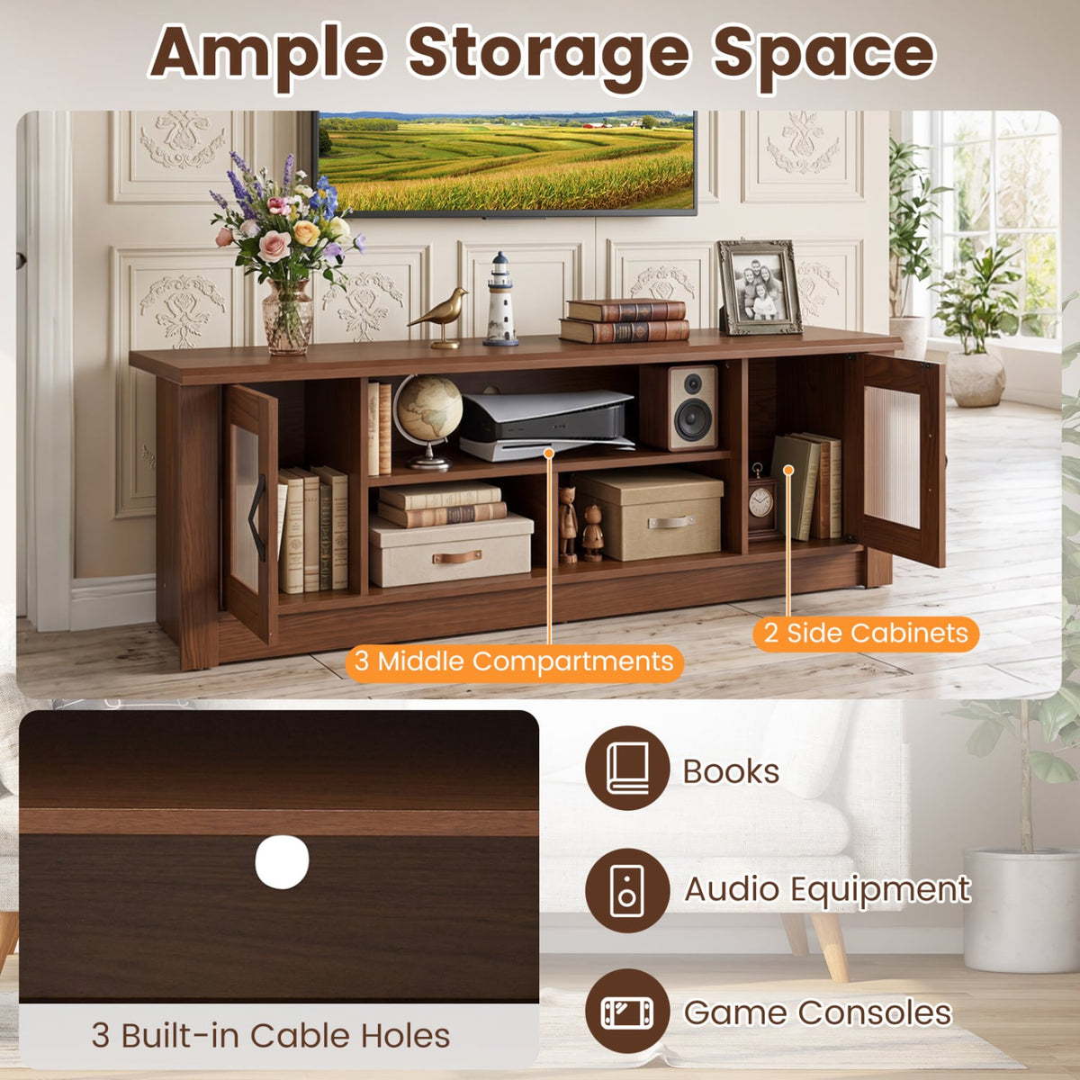 63" Wooden Farmhouse TV Stand for 70" TVs, 2 Doors, 3 Compartments, Brown Entertainment Centers & TV Stands at Gallery Canada