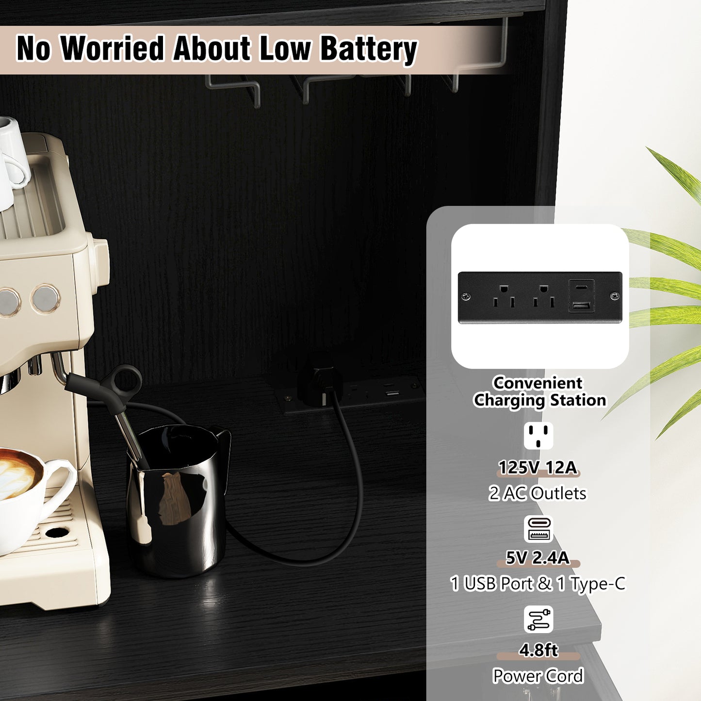 64.5 Inches Tall Kitchen Pantry Cabinet with Charging Station and Wine Glass Rack, Black Sideboards Cabinets & Buffets at Gallery Canada