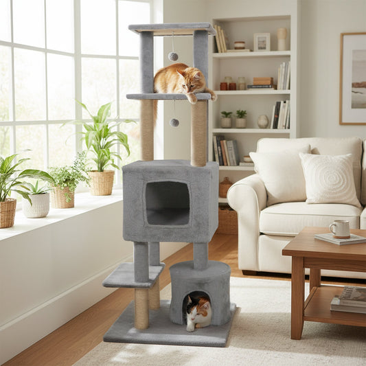 64 Inch Tall Cat Tree with 2 Large Condos and Jute Scratching Posts for Indoor Adult Cats-Light Grey, Light Gray Cat Trees Condos & Scratchers Light Gray at Gallery Canada