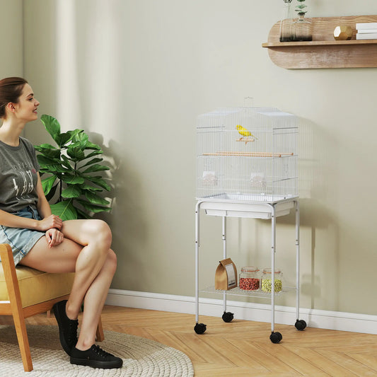 49 Cage à oiseaux roulante, Maison de cacatoès, Toit de jeu, Étagère de rangement, Roues, Blanc