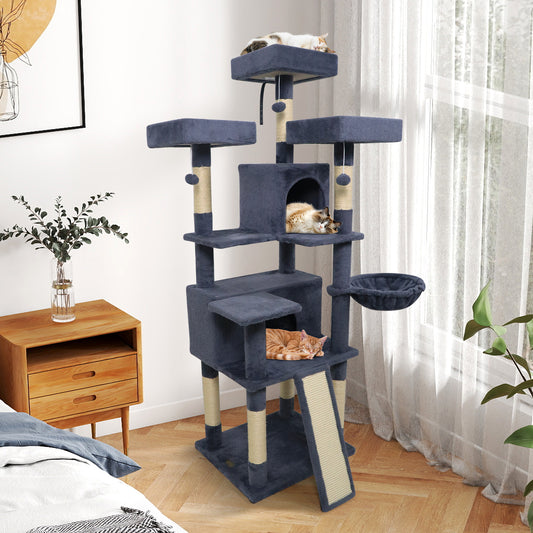 65 Inch Tall Multi-level Cat Tree with 3 Upholstered Perch and 2 Cat Condos, Dark Gray Cat Trees Condos & Scratchers Dark Gray at Gallery Canada