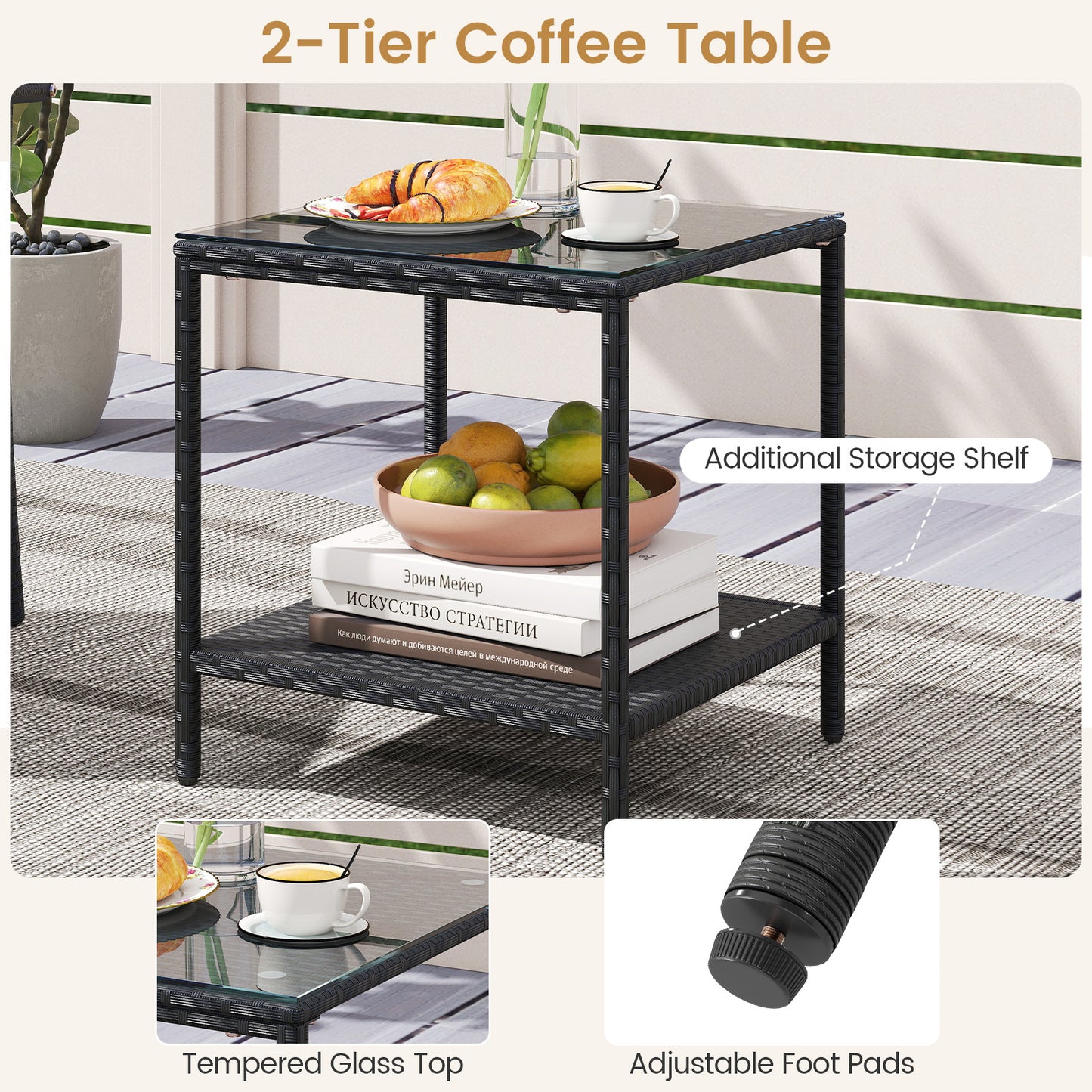 3 Piece Patio Set With Seat Cushions, Tempered Glass Tabletop, Black Patio Conversation Sets at Gallery Canada