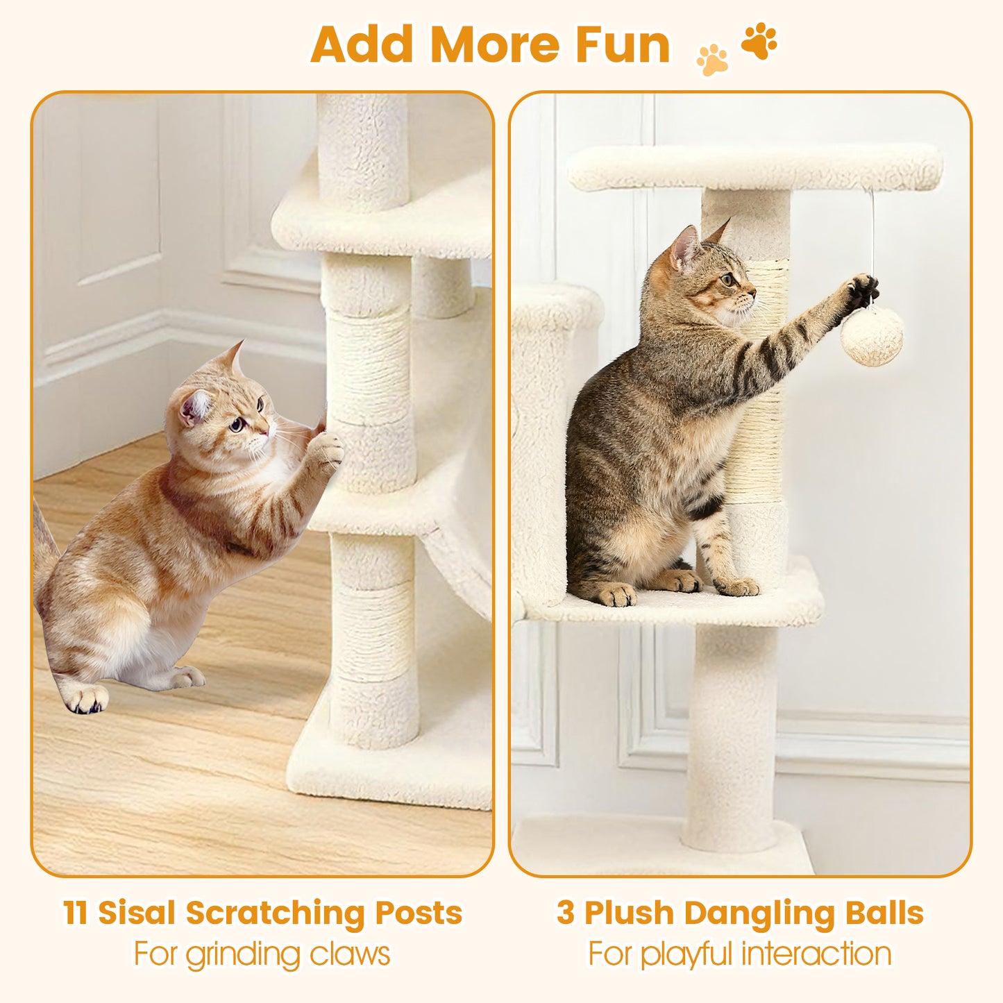 66 Inch Tall Cat Tree Multi-Level Cat Tower with 2 Condos Sisal Scratching Posts, Beige Cat Trees Condos & Scratchers at Gallery Canada