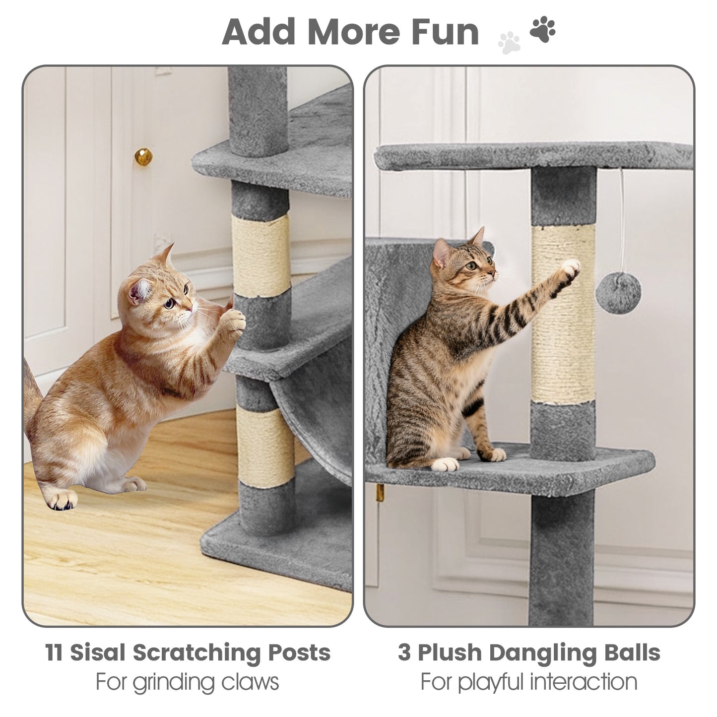 66 Inch Tall Cat Tree Multi-Level Cat Tower with 2 Condos Sisal Scratching Posts, Light Gray Cat Trees Condos & Scratchers at Gallery Canada