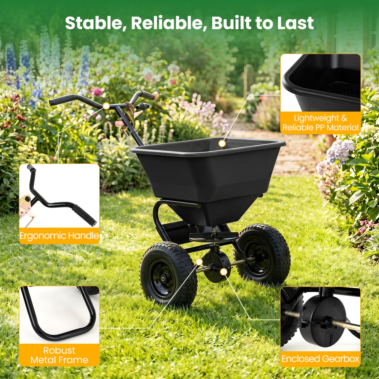 66 LBS Walk-Behind Broadcast Spreader, 13 Inch Tires