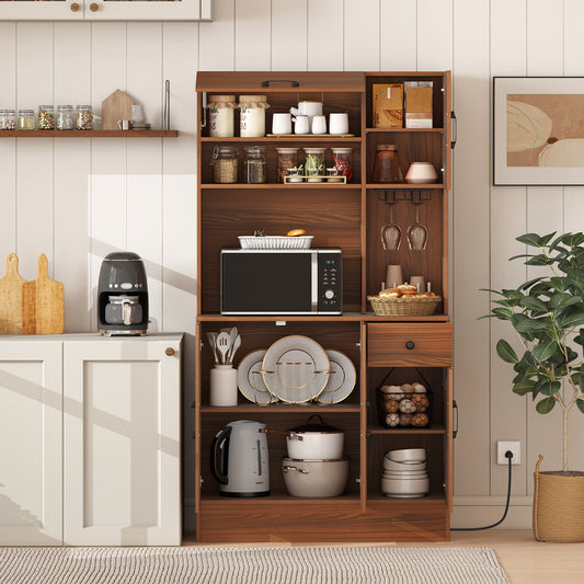 66 inch Pantry Cabinet with Charging Station and Microwave Stand, Brown Sideboards Cabinets & Buffets Brown at Gallery Canada