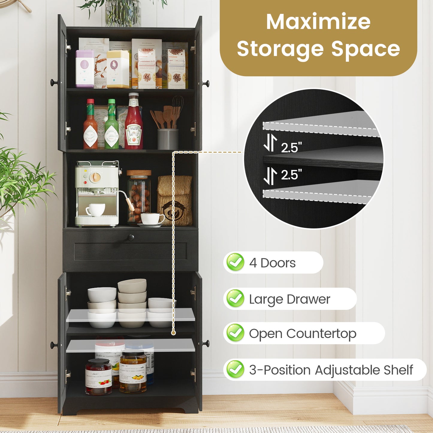 67.5 Inch Tall Freestanding Floor Cabinet, 4 Doors, 1 Drawer, Black Sideboards Cabinets & Buffets at Gallery Canada