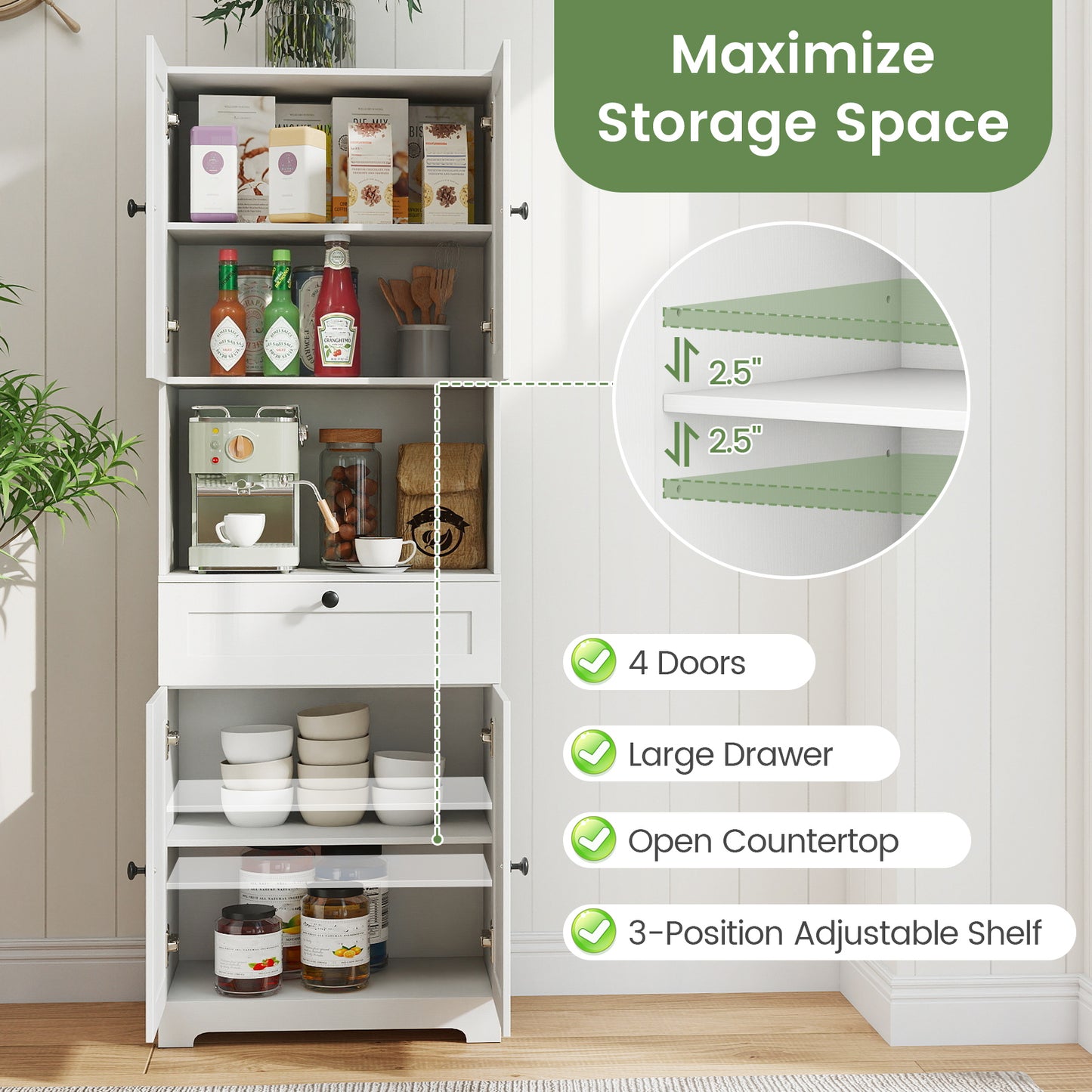 67.5 Inch Tall Freestanding Floor Cabinet, 4 Doors, 1 Drawer, White Sideboards Cabinets & Buffets at Gallery Canada