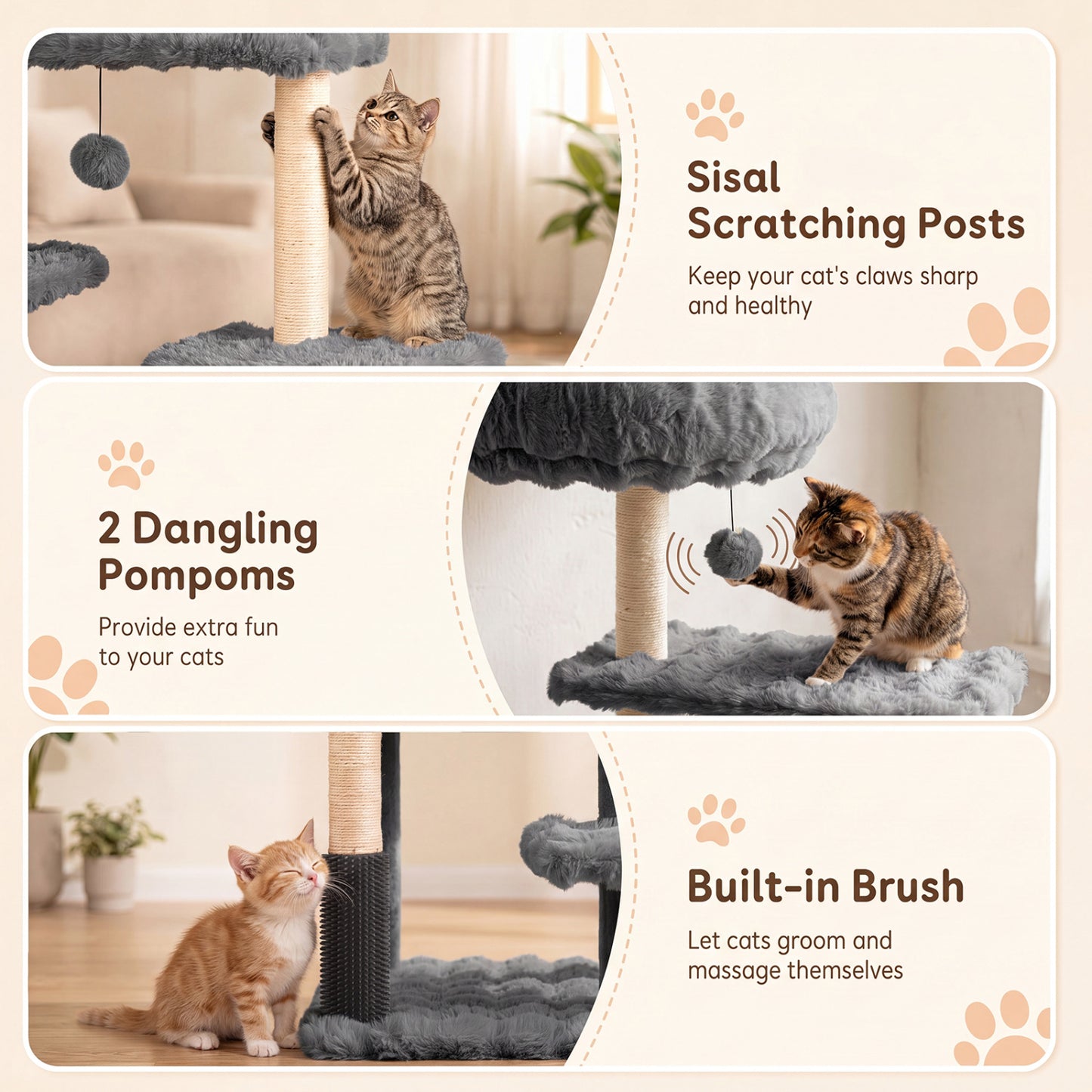 Arbre à chat de 67 pouces avec condo et perchoir rembourré, gris