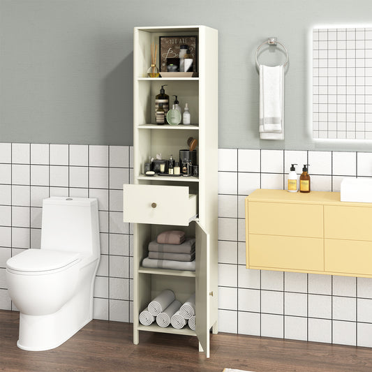 67 Inch Tall Narrow Bathroom Cabinet, Fluted Door, Beige Floor Cabinets Beige at Gallery Canada