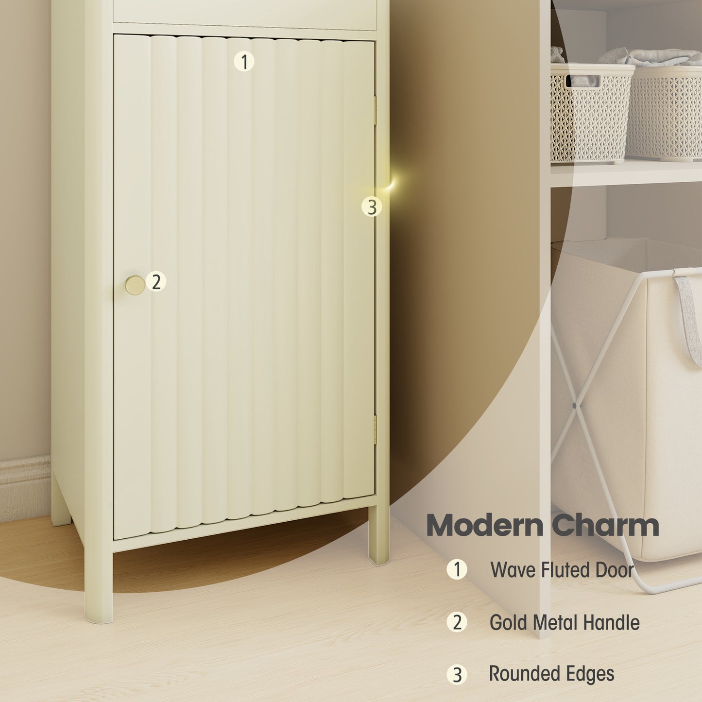 67 Inch Tall Narrow Bathroom Cabinet, Fluted Door, Beige Floor Cabinets at Gallery Canada