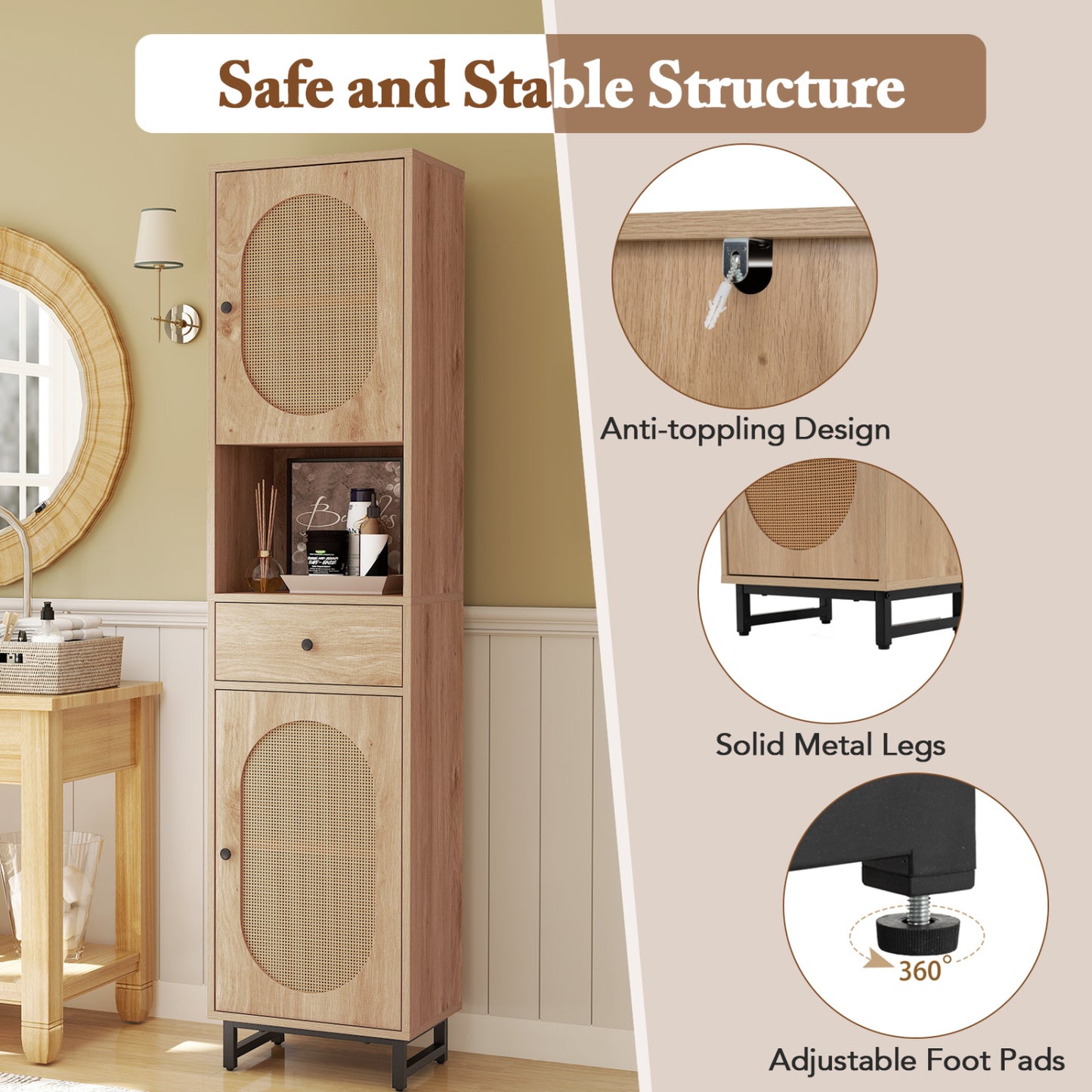 67 Inch Tall Bathroom Cabinet, PE Rattan, 2 Doors, Natural Floor Cabinets at Gallery Canada