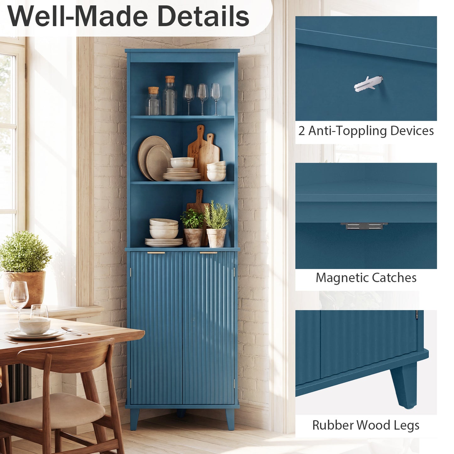 68 Inch Tall Bathroom Floor Storage Cabinet, Fluted Doors, Blue Floor Cabinets at Gallery Canada