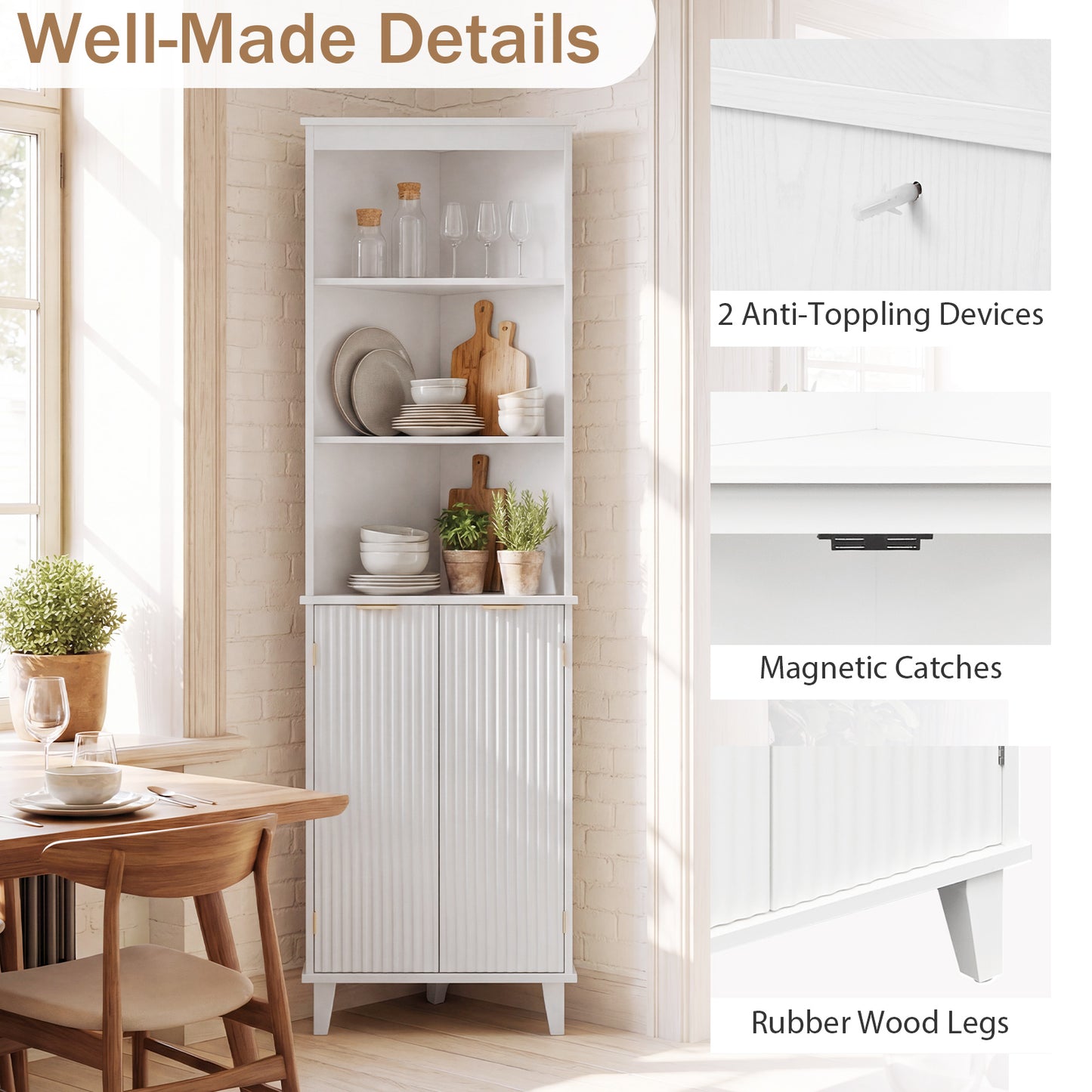68 Inch Tall Bathroom Floor Storage Cabinet, Fluted Doors, White Floor Cabinets at Gallery Canada