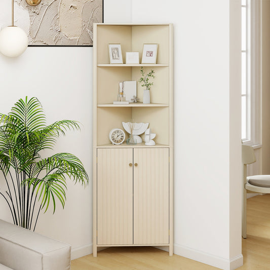 68 Inch Tall Corner Cabinet with 5 Shelves and 2 Fluted Doors for Bathroom, Beige Floor Cabinets Beige at Gallery Canada